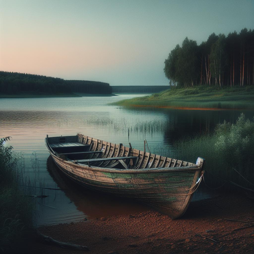 Abandoned boat near lake