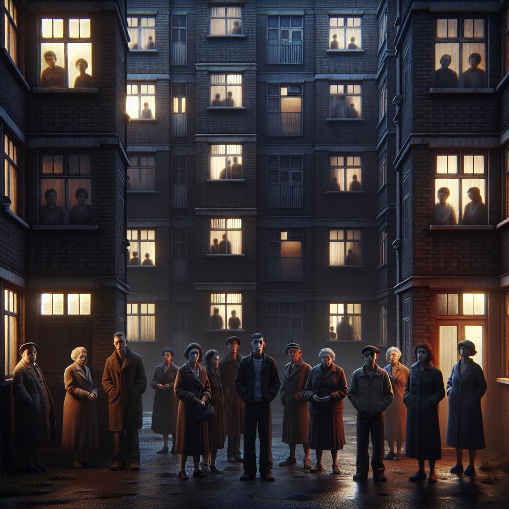 "Displaced Residents Outside Dark Apartments"