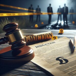 "Gavel, indictment paper, crime scene"