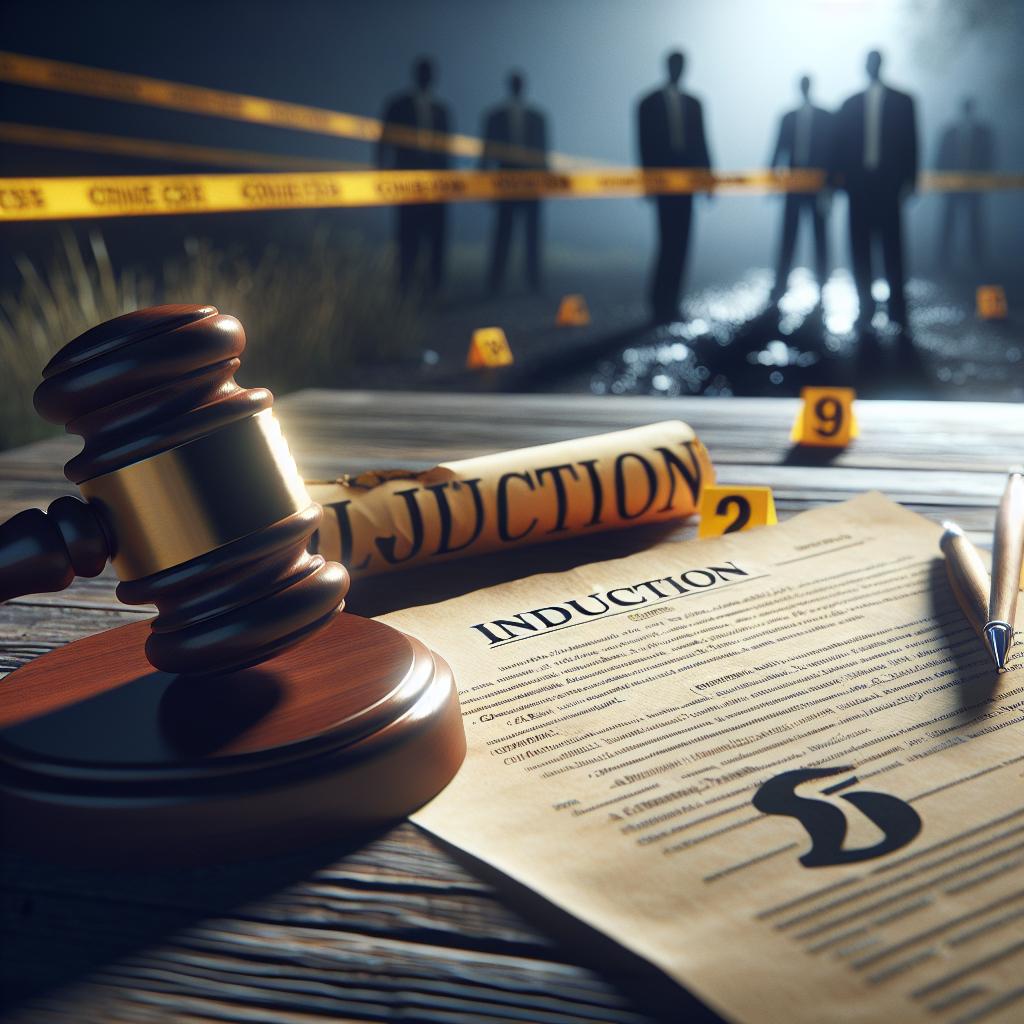 "Gavel, indictment paper, crime scene"