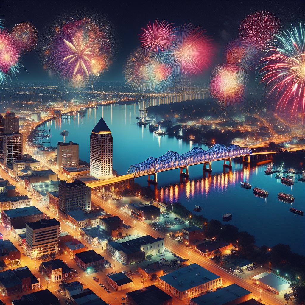 "Fireworks lighting Shreveport skyline"