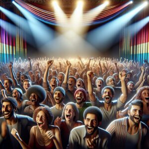 "Diverse crowd cheering rainbow stage"