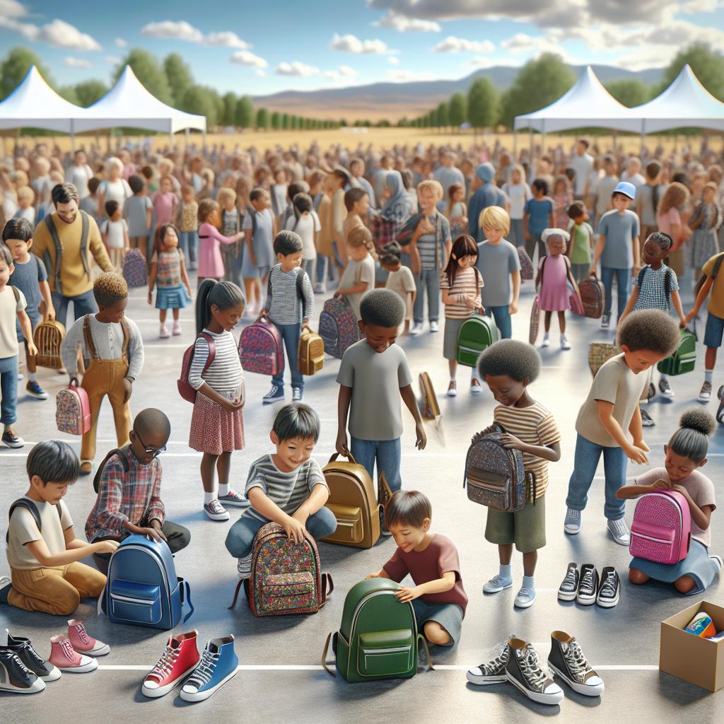 Kids receiving backpacks, shoes