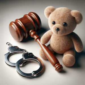 Gavel, handcuffs, teddy bear