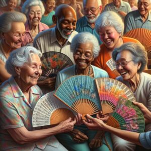 Elderly receiving donated fans