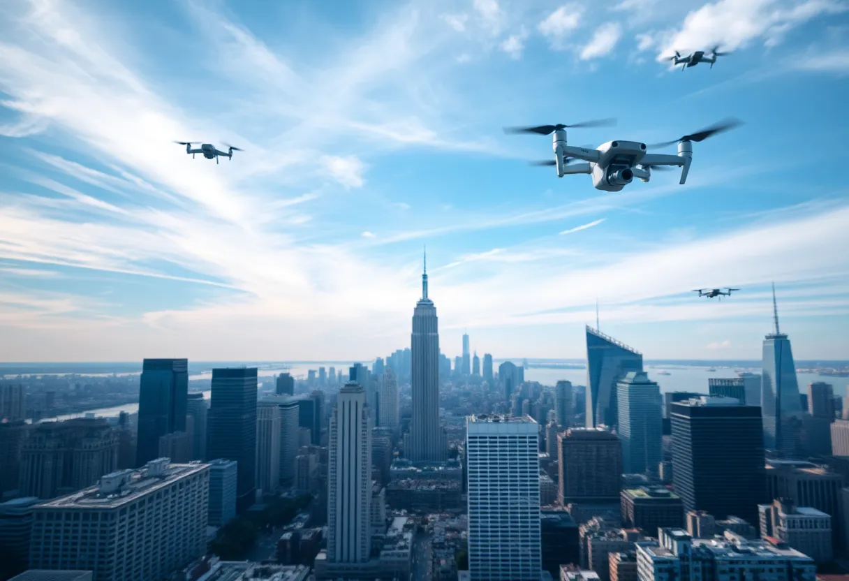 Drones flying above city skyline during sunset