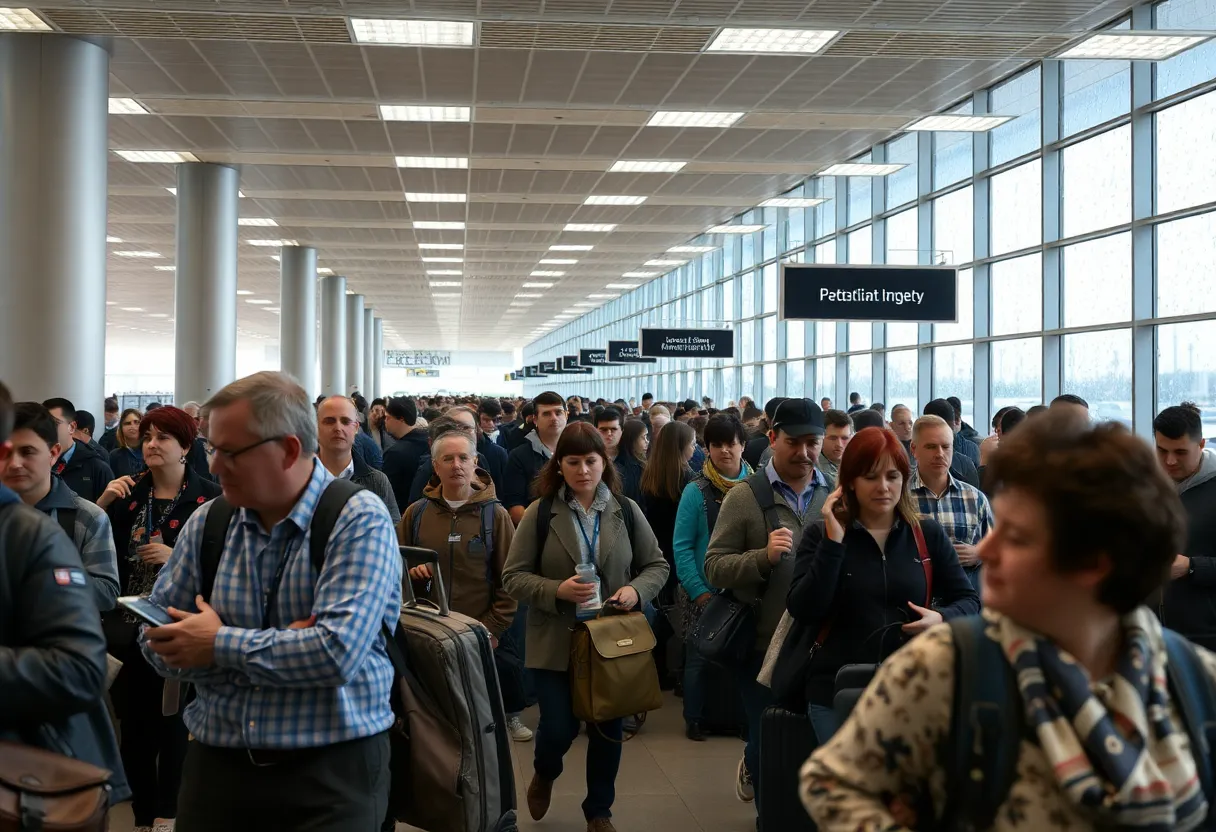 Busy airport terminal affected by bad weather during holiday travels.