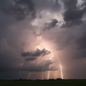 Dark storm clouds over a Louisiana landscape indicating severe thunderstorms.