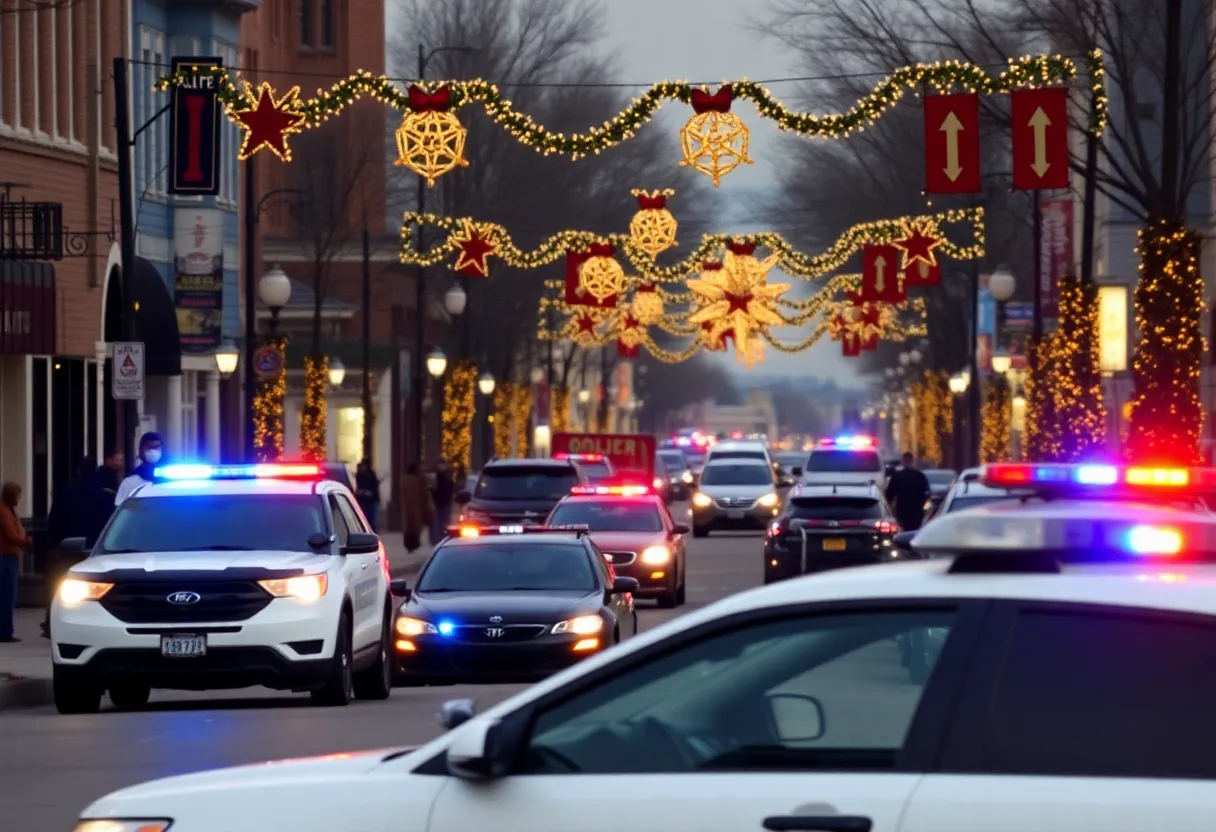 Police patrol cars on a festive Shreveport street during holiday season.