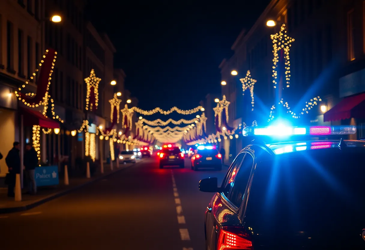 Police lights illuminating a festive street in Shreveport during Christmas night