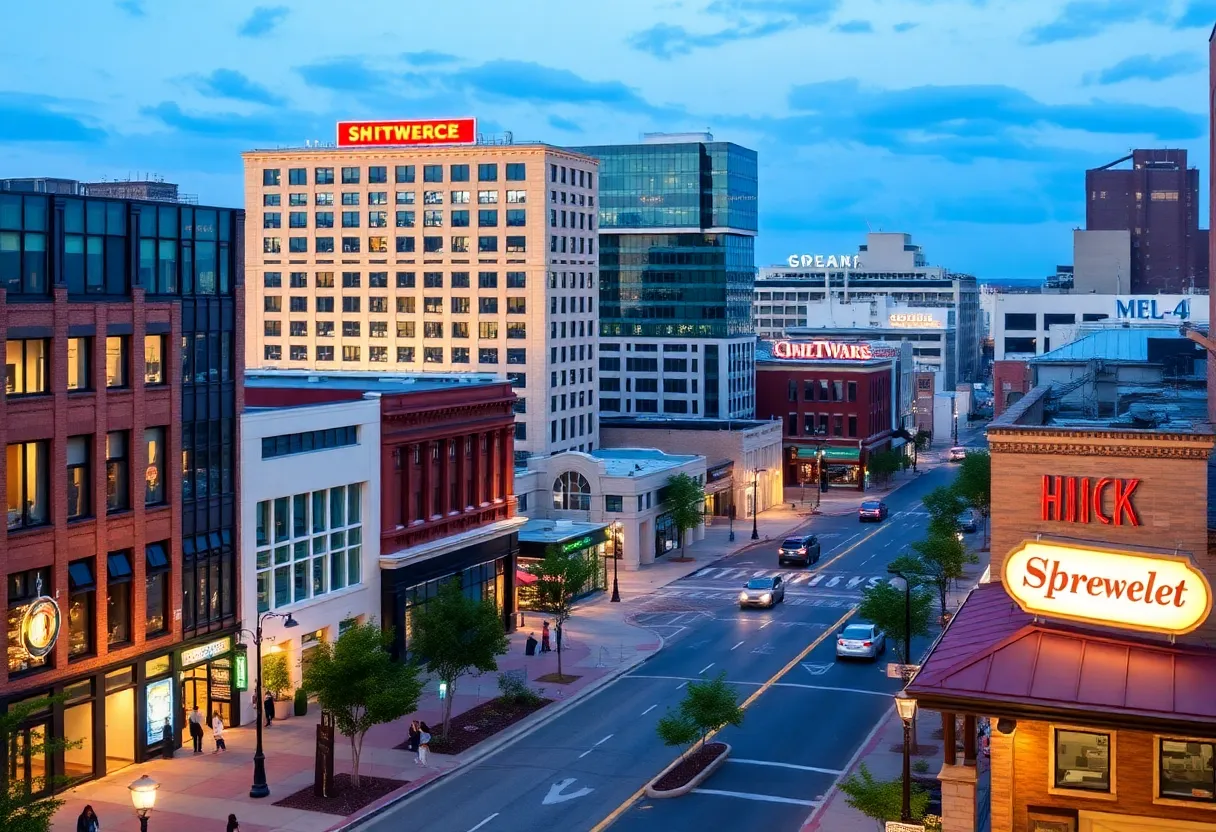 A revitalized skyline in Shreveport, Louisiana with new properties and active city life.