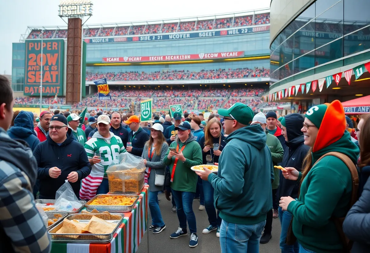 Football fans tailgating outside a stadium for the Independence Bowl 2024.