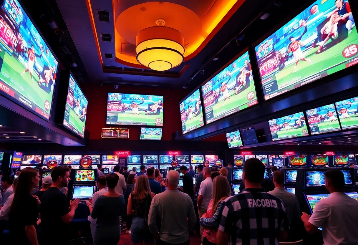 A bustling sportsbook area in a casino with patrons enjoying betting and watching sports events.