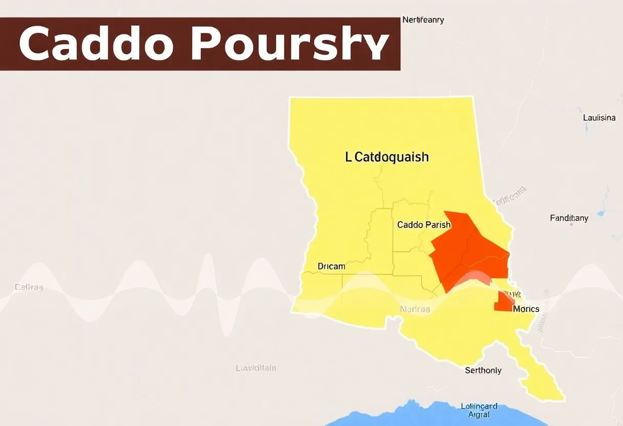 Map highlighting Caddo Parish and surrounding areas affected by the earthquake.