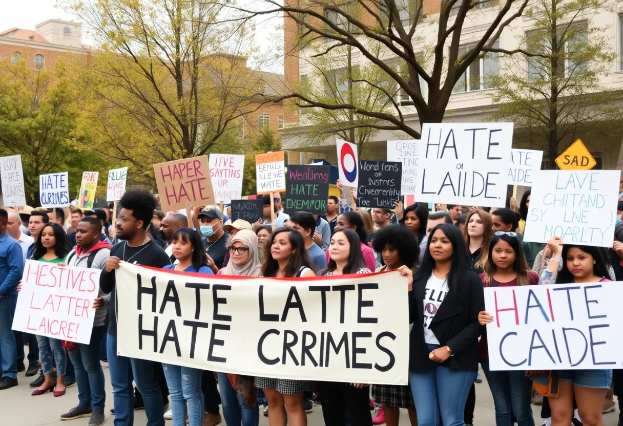 Community members holding banners protesting against hate crimes