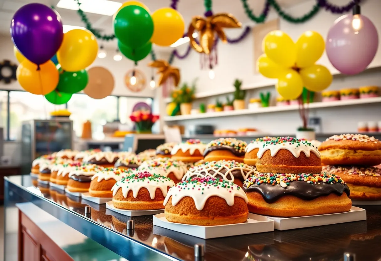 Interior of Lilah's Bakery decorated for Mardi Gras with King Cakes