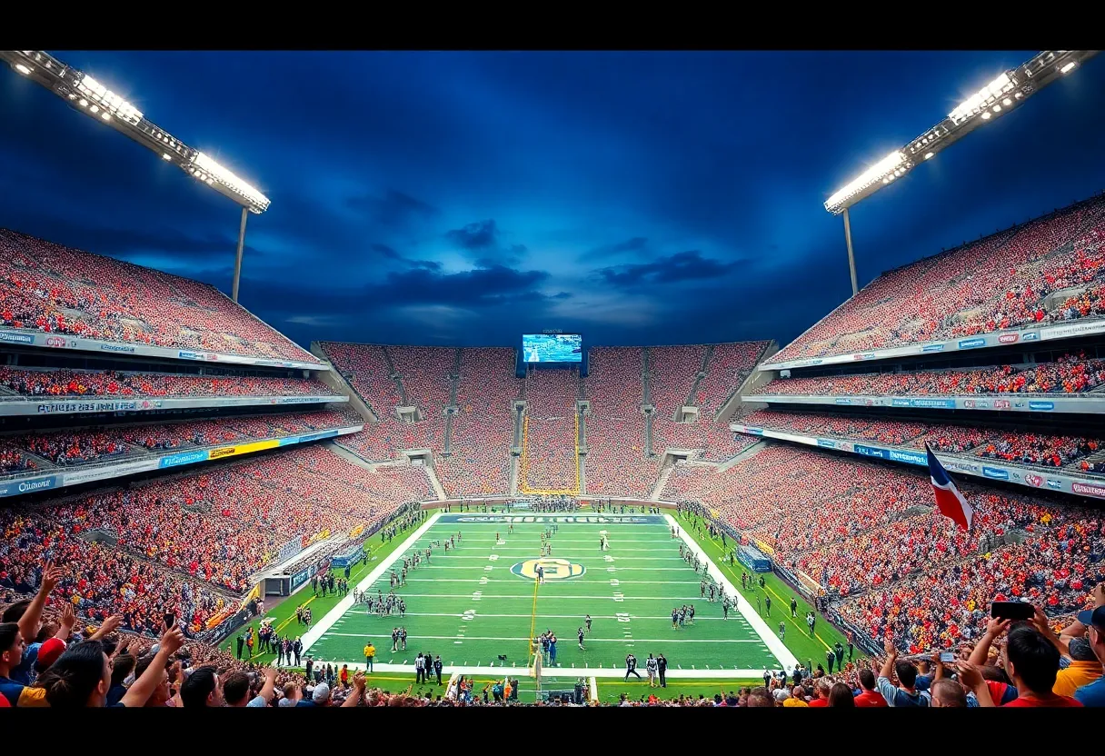 Fans cheering for Notre Dame and Ohio State in a college football matchup