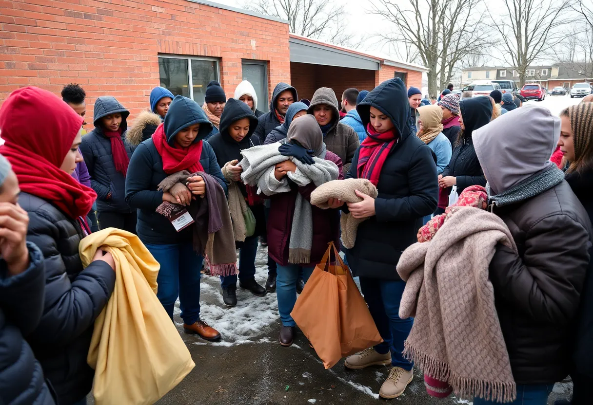 Volunteers distributing warm clothing at a Shreveport shelter
