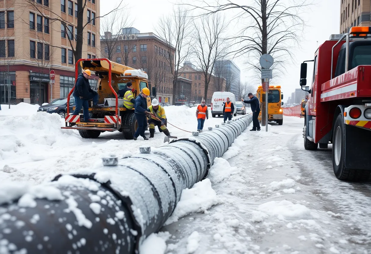 Repair crews working on a water main break in Shreveport during winter.