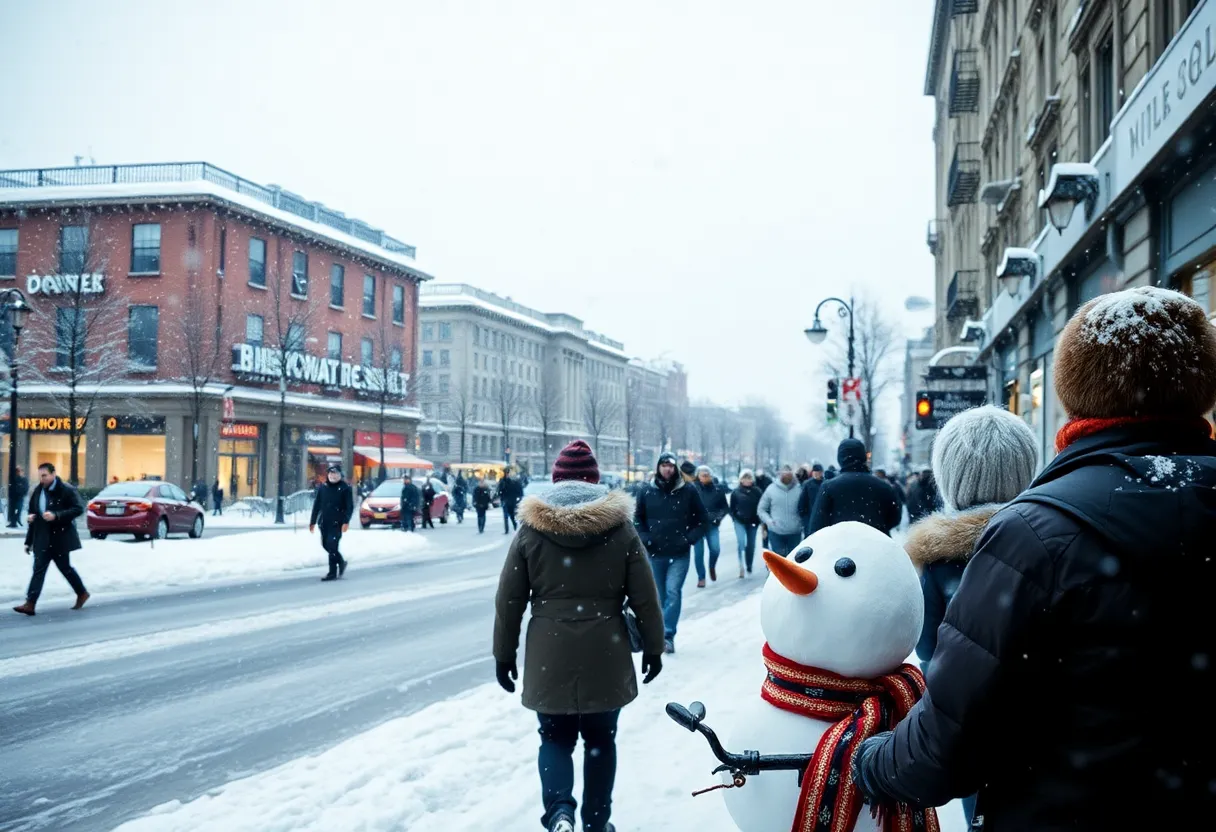 A snow-covered city street with people in winter gear.