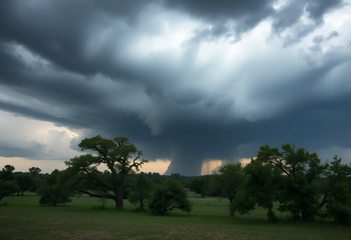 Dark storm clouds over a Louisiana landscape signaling a tornado watch