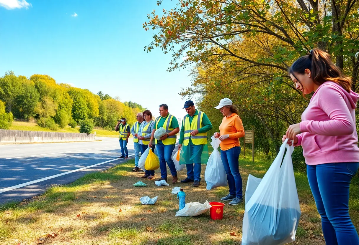 Volunteers participating in a community clean-up along a highway