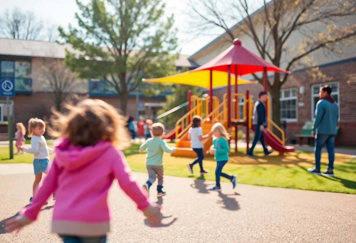 Playground at Shreveport school with children playing safely.