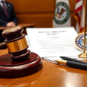Courtroom scene representing legal discussions on deportation flights and national security.