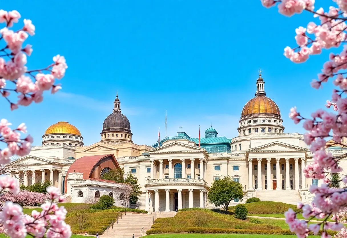 A view of the Smithsonian Institution's museums during cherry blossom season.
