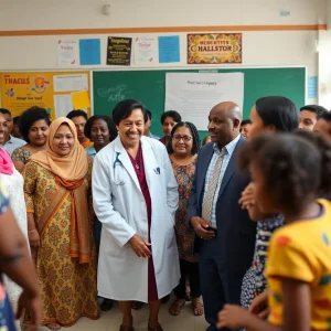 Community members celebrating a legacy in a school event.