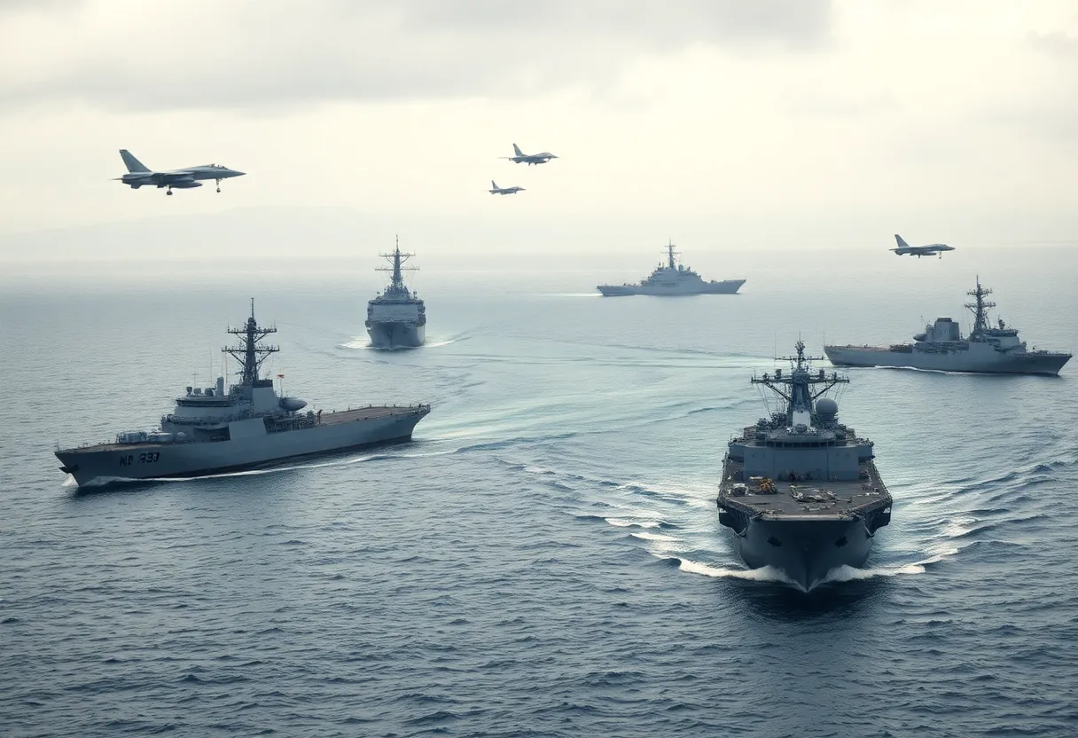 Military exercises conducted by China near Taiwan showcasing navy and air force activities.