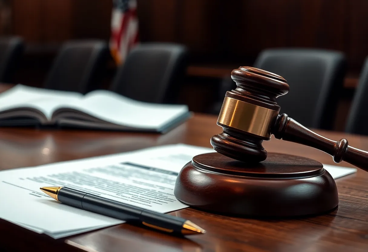 Courtroom scene with gavel and legal documents