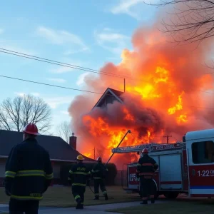Firefighters extinguishing a house fire near a school