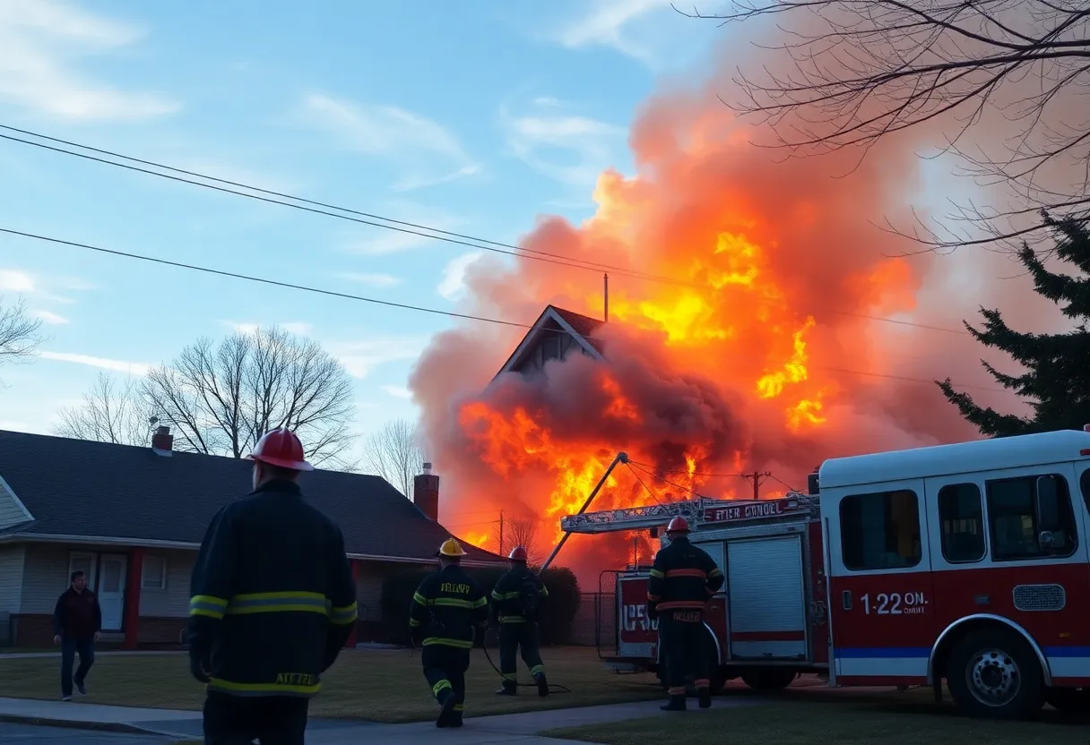 Firefighters extinguishing a house fire near a school