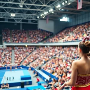 A vibrant gymnastics arena showcasing gymnastic equipment.
