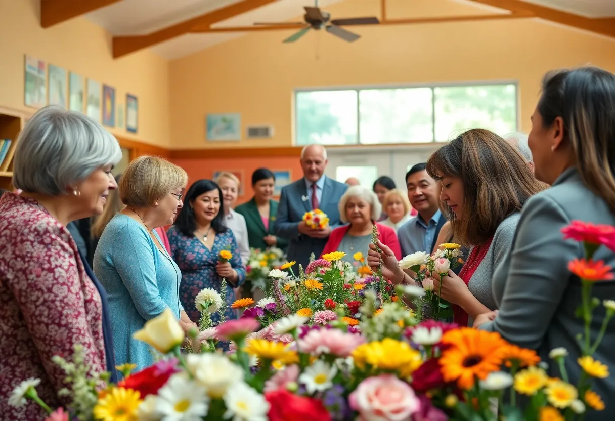 Community members gathering in tribute to Jackie Stewart, featuring flowers and heartfelt memories.