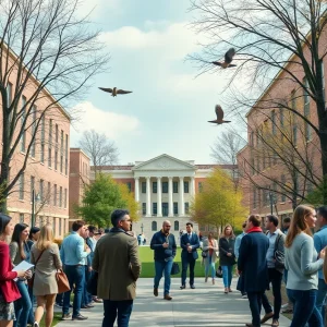 Engaged students discussing university leadership on campus.