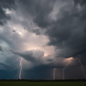 Dramatic stormy sky above a southern landscape signifying severe weather.