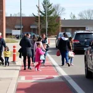 Illustration of a school drop-off area with traffic management signage