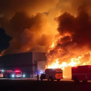 Firefighters battling a large fire at a mattress warehouse