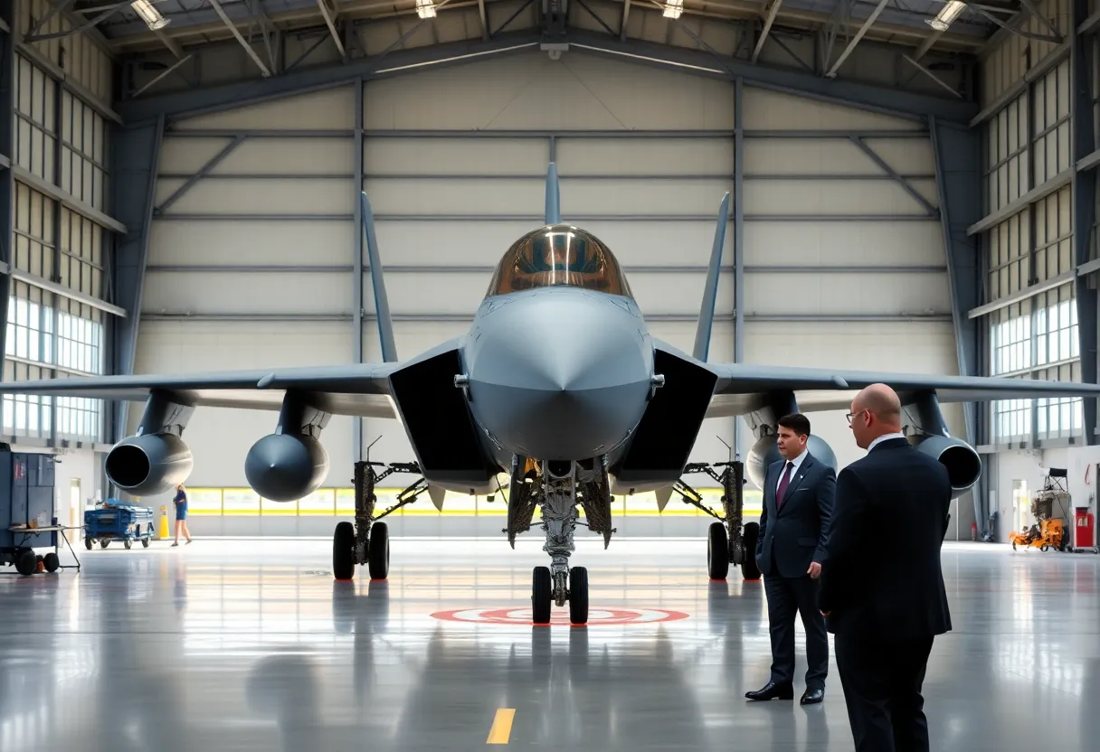 Boeing 747 in a military hangar with officials discussing acquisition details.