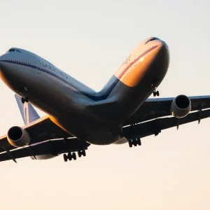 A Boeing 747 soaring in the sky during sunset.