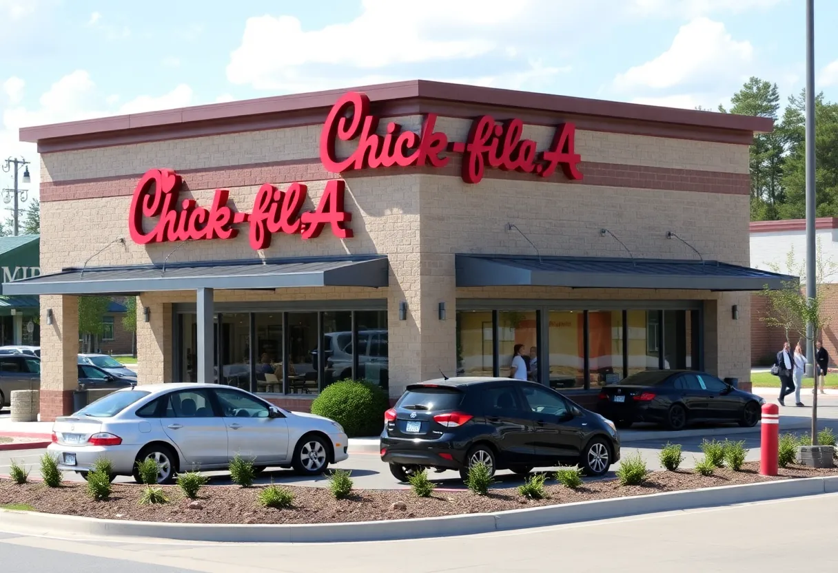 Chick-fil-A restaurant location with a spacious drive-thru and outdoor seating areas