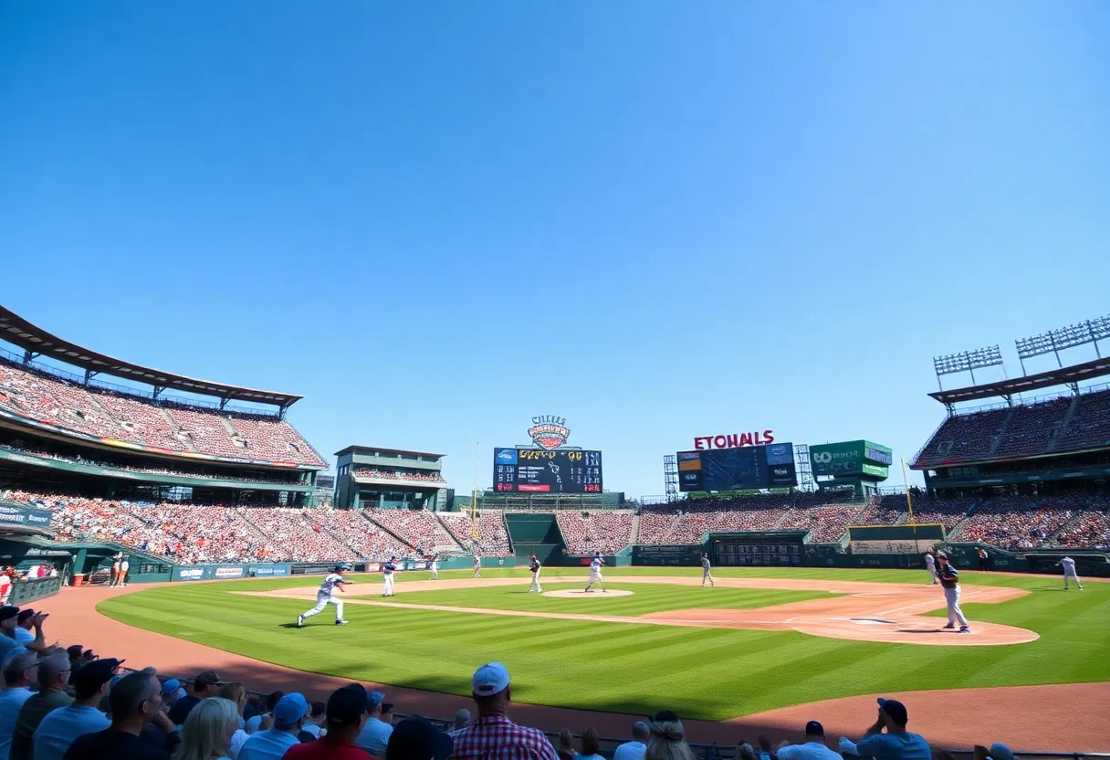 A baseball game in progress at a college stadium