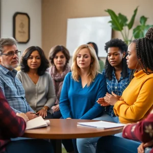 Community members discussing domestic violence awareness