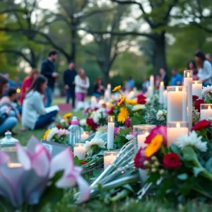 Community memorial for Linda McFarland Hamm with flowers and candles.