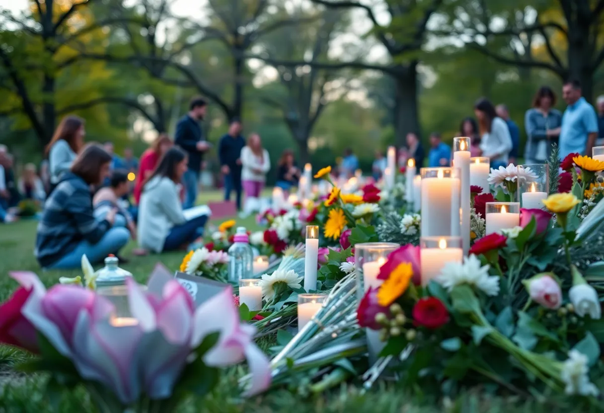 Community memorial for Linda McFarland Hamm with flowers and candles.