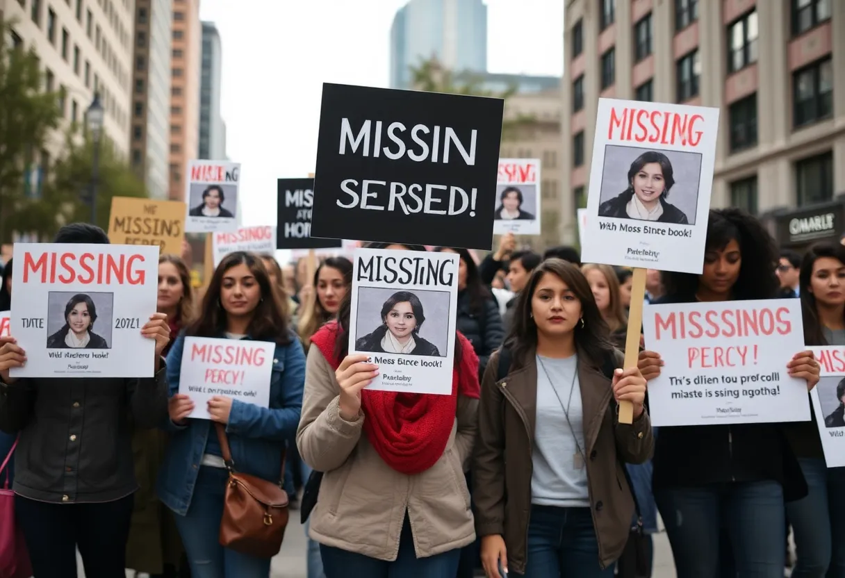 Community members holding signs supporting missing persons searches