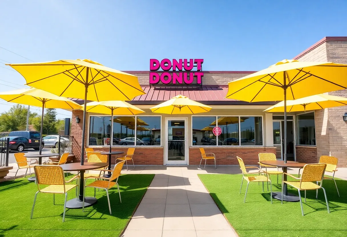 Patio area of Dripp Donuts with outdoor seating and yellow umbrellas.
