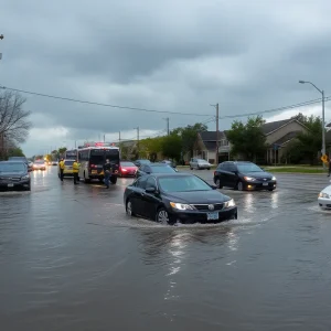 Flooded street in Shreveport with cars submerged
